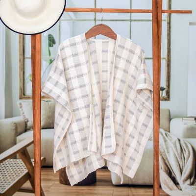 Alternate image for Striped Grey Ruana Made with 100 Cotton in El Salvador Grey Cojutepeque Stripes