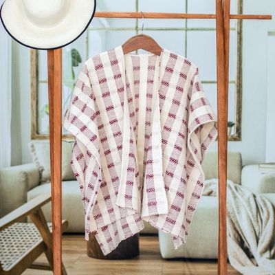 Alternate image for Hand-woven Red and White Ruana Made with 100 Cotton Rustic in Red