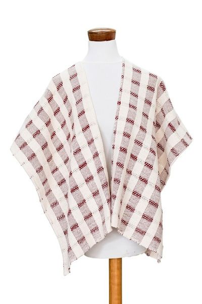 Alternate image for Hand-woven Red and White Ruana Made with 100 Cotton Rustic in Red