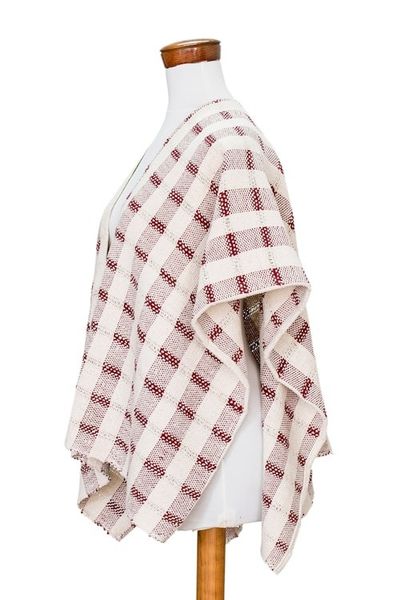 Alternate image for Hand-woven Red and White Ruana Made with 100 Cotton Rustic in Red