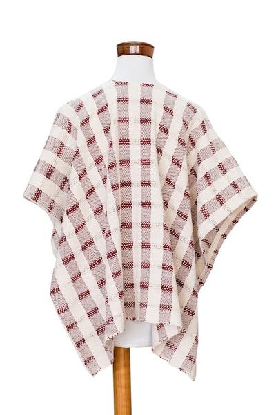 Alternate image for Hand-woven Red and White Ruana Made with 100 Cotton Rustic in Red