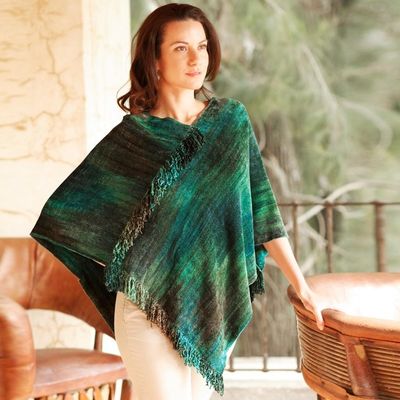 Alternate image for Handcrafted Cotton Blend Poncho Emerald Valley