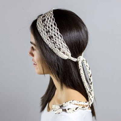 Alternate image for Handcrafted Ivory with Brown Stripe Cotton Macram Headband Spiced Vanilla