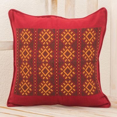 Alternate image for Maya Handwoven Burgundy Cotton Cushion Cover from Guatemala Stars of Solola