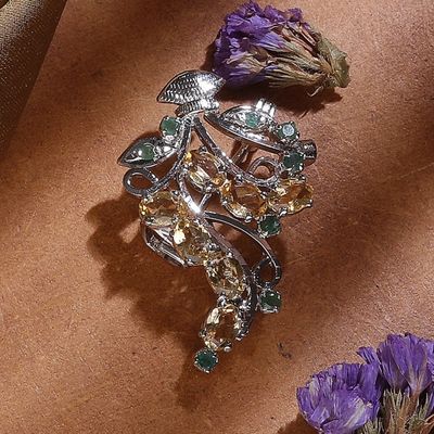 Alternate image for Rhodium-Plated Three-Carat Citrine and Emerald Brooch Pin Verdant Warmth