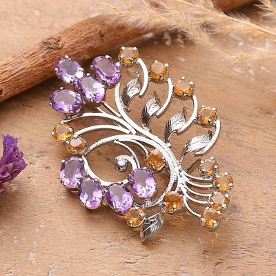 Alternate image for Floral 11-Carat Amethyst Citrine Rhodium-Plated Brooch Pin Blossoming Fantasy