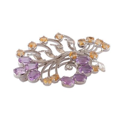 Alternate image for Floral 11-Carat Amethyst Citrine Rhodium-Plated Brooch Pin Blossoming Fantasy