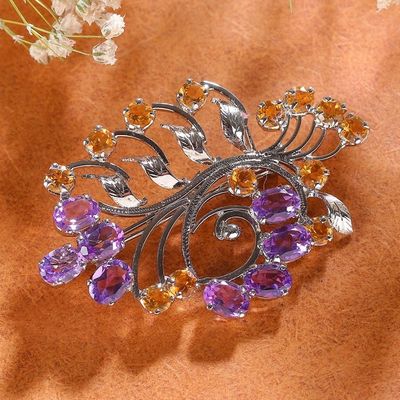 Alternate image for Floral 11-Carat Amethyst Citrine Rhodium-Plated Brooch Pin Blossoming Fantasy