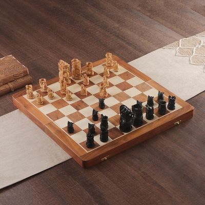 Alternate image for Hand-Painted Brown and Black Wood Chess Set from India Challenge of Kings