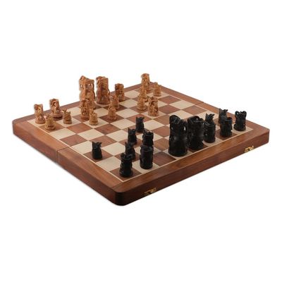 Alternate image for Hand-Painted Brown and Black Wood Chess Set from India Challenge of Kings