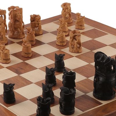 Alternate image for Hand-Painted Brown and Black Wood Chess Set from India Challenge of Kings