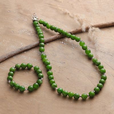 Alternate image for Green Agate Beaded Necklace and Bracelet Jewelry Set Beads of Luck