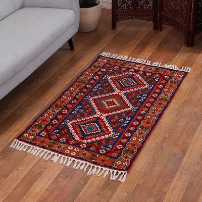 Alternate image for Handcrafted Classic Geometric Chain-Stitched Wool Rug 3x5 Floral Festivity