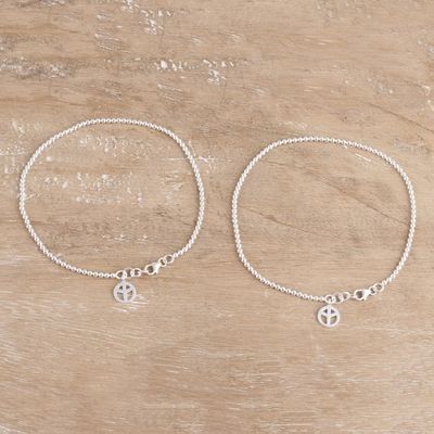 Alternate image for Pair of Sterling Silver Peace Anklets from India Peace Orbs