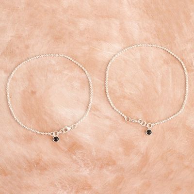 Alternate image for Pair of Sterling Silver Onyx Anklets from India Courage Orbs