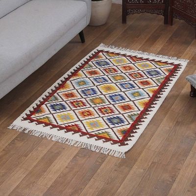 Alternate image for Diamond-Patterned Handloomed Wool Area Rug 3x5 Starry Kaleidoscope