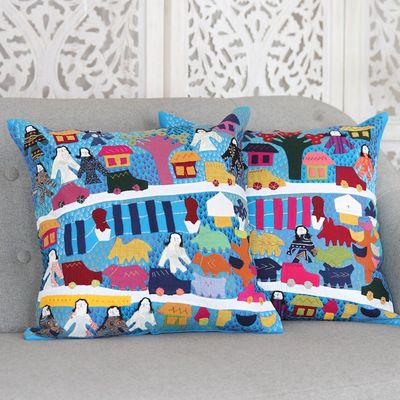 Alternate image for 2 Cotton Cushion Covers with Hand Embroidery and Patchwork City Life