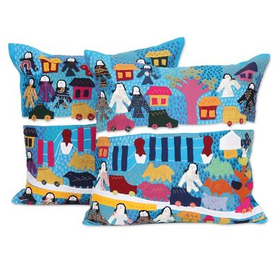 Alternate image for 2 Cotton Cushion Covers with Hand Embroidery and Patchwork City Life