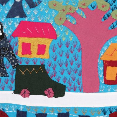 Alternate image for 2 Cotton Cushion Covers with Hand Embroidery and Patchwork City Life