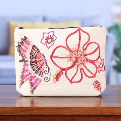 Alternate image for Embroidered Butterfly and Floral-Themed Cotton Cosmetic Bag Butterfly Connection