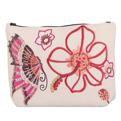 Alternate image for Embroidered Butterfly and Floral-Themed Cotton Cosmetic Bag Butterfly Connection
