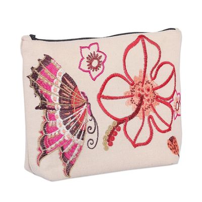 Alternate image for Embroidered Butterfly and Floral-Themed Cotton Cosmetic Bag Butterfly Connection