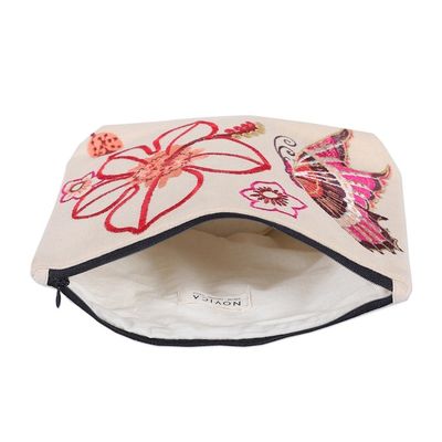 Alternate image for Embroidered Butterfly and Floral-Themed Cotton Cosmetic Bag Butterfly Connection