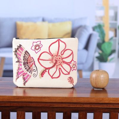 Alternate image for Embroidered Butterfly and Floral-Themed Cotton Cosmetic Bag Butterfly Connection