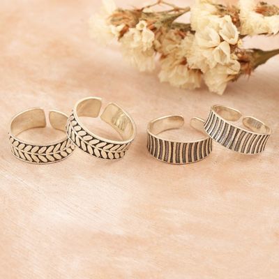 Alternate image for Leafy and Striped Sterling Silver Toe Rings 2 Pairs Leaves and Stripes