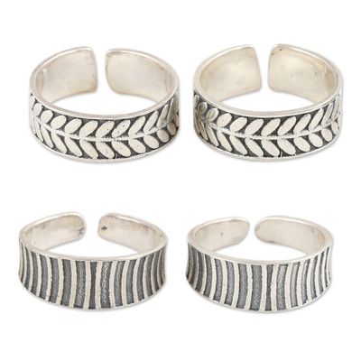 Alternate image for Leafy and Striped Sterling Silver Toe Rings 2 Pairs Leaves and Stripes