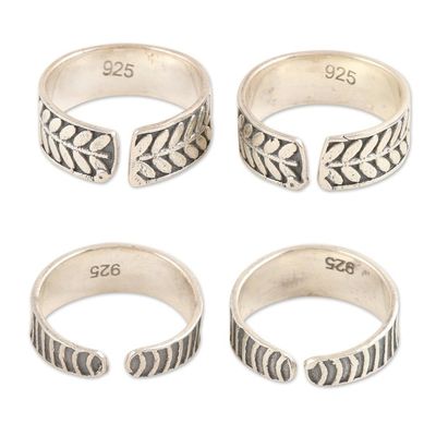 Alternate image for Leafy and Striped Sterling Silver Toe Rings 2 Pairs Leaves and Stripes