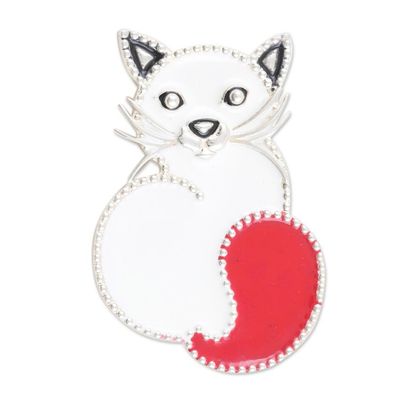 Alternate image for Red Cat-Themed Sterling Silver Brooch Pin from India Fancy Cat