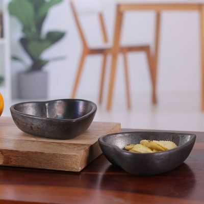 Alternate image for Pair of Handcrafted Heart-Shaped Black Ceramic Bowls Heart Saga