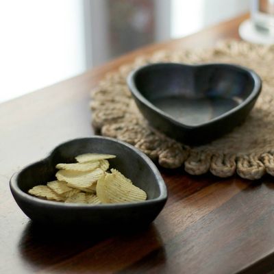 Alternate image for Pair of Handcrafted Heart-Shaped Black Ceramic Bowls Heart Saga