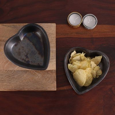 Alternate image for Pair of Handcrafted Heart-Shaped Black Ceramic Bowls Heart Saga