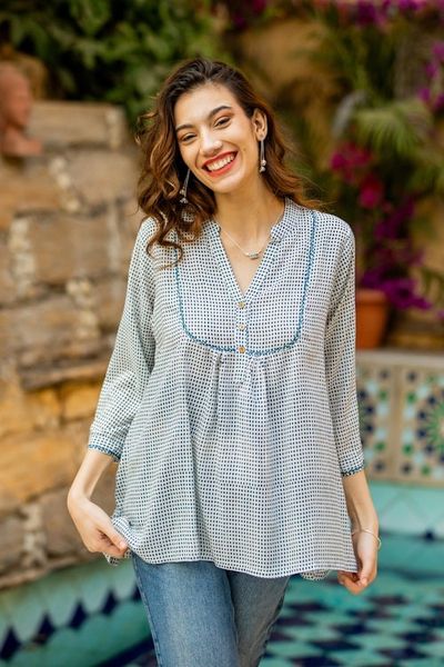 Alternate image for Block-Printed Pincheck Black and White Cotton Tunic Pincheck Spring