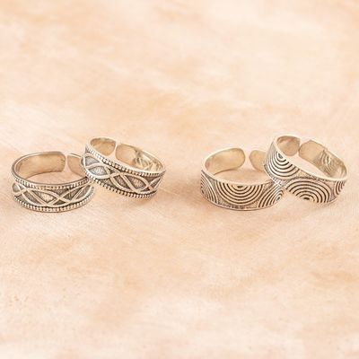 Alternate image for Sterling Silver Toe Rings with Two Patterns 2 Pairs Waves and Loops