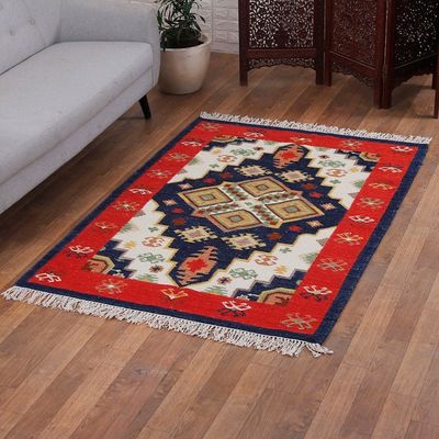 Alternate image for Classic Geometric Strawberry and Navy Wool Area Rug 4x6 Striking Symmetry