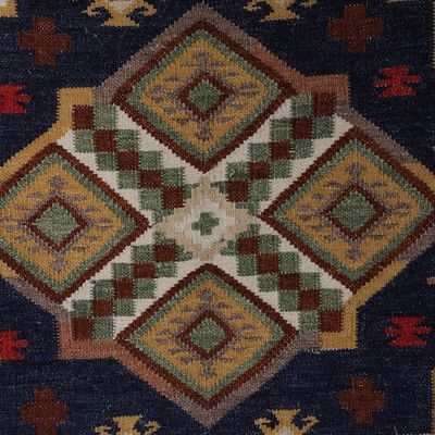 Alternate image for Classic Geometric Strawberry and Navy Wool Area Rug 4x6 Striking Symmetry