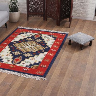 Alternate image for Classic Geometric Strawberry and Navy Wool Area Rug 4x6 Striking Symmetry