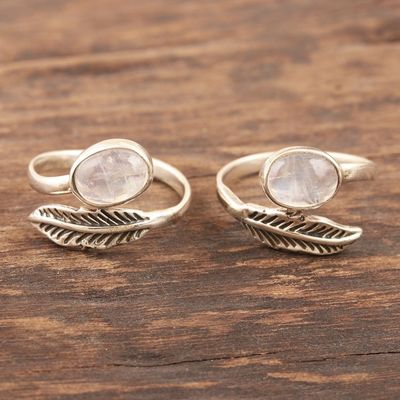 Alternate image for Rainbow Moonstone and Sterling Silver Toe Rings Pair Misty Leaf