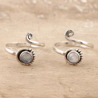 Alternate image for Rainbow Moonstone and Sterling Silver Toe Rings Pair Gemstone Spiral in Mist