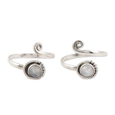 Alternate image for Rainbow Moonstone and Sterling Silver Toe Rings Pair Gemstone Spiral in Mist
