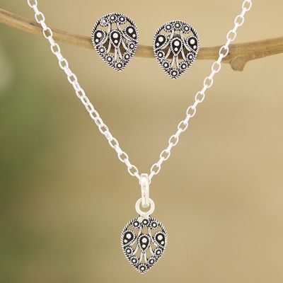 Alternate image for Earrings and Pendant Necklace Sterling Silver Jewelry Set Autumn Leaves