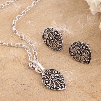 Alternate image for Earrings and Pendant Necklace Sterling Silver Jewelry Set Autumn Leaves