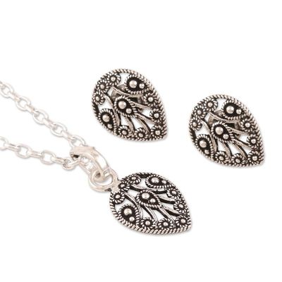 Alternate image for Earrings and Pendant Necklace Sterling Silver Jewelry Set Autumn Leaves
