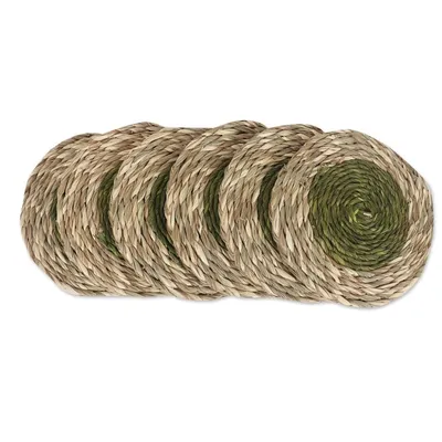 Alternate image for Set of 6 Handcrafted Natural Fiber Coasters in Green Tones Green Aura