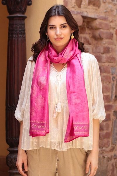 Alternate image for Block-Printed Cotton Blend Shawl from India Ruby Sea
