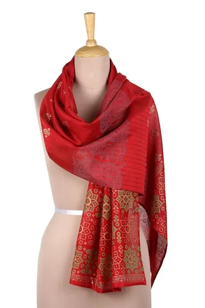 Alternate image for Block-Printed Cotton and Silk Shawl from India Eternal Flame
