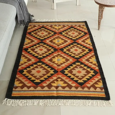 Alternate image for Indian Wool Area Rug with Geometric Motif 3 x 5 Grain of Truth